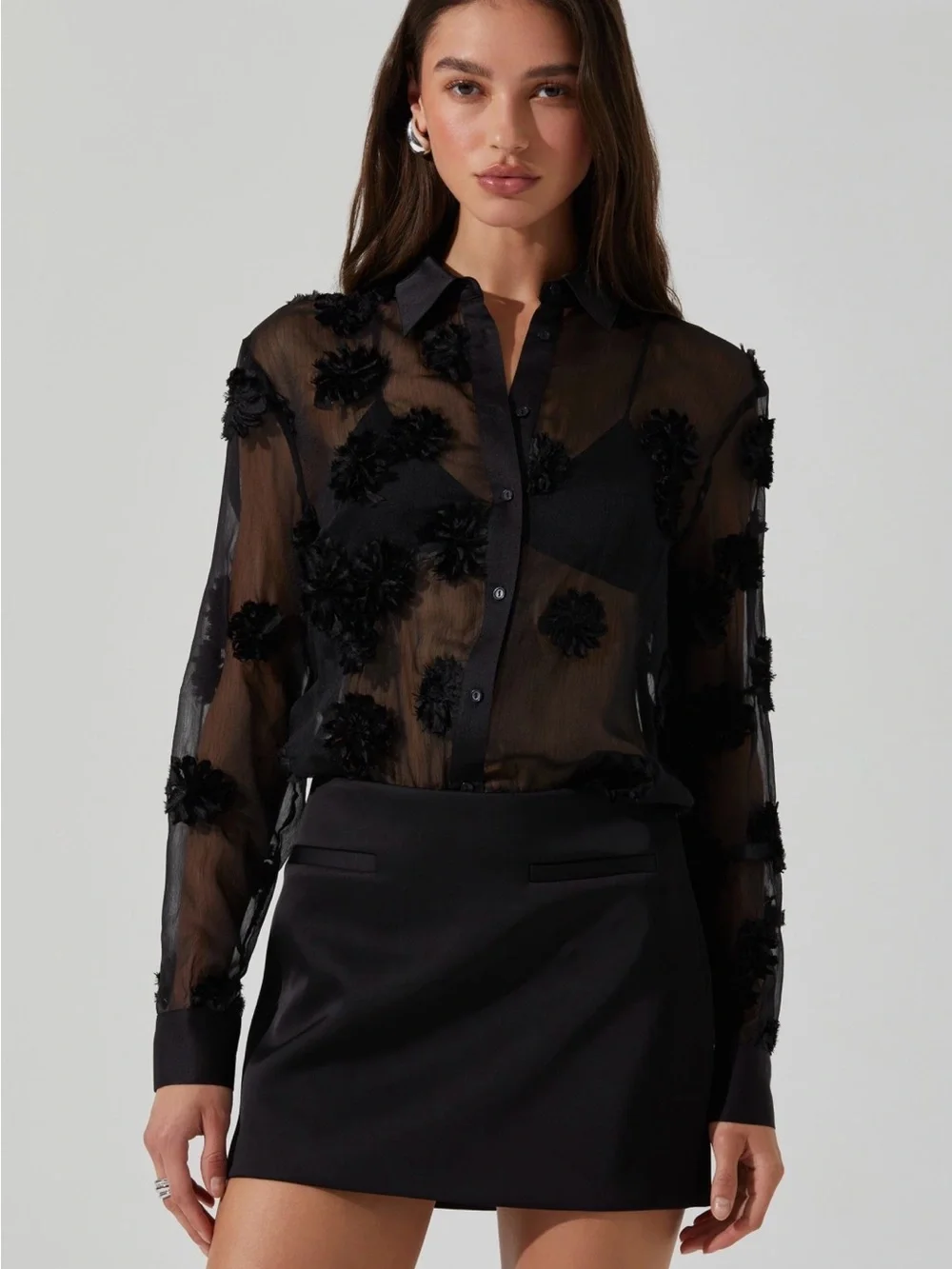 Astr Black Sheer Floral Appliqué Button-Down Shirt - Picture 1 of 3